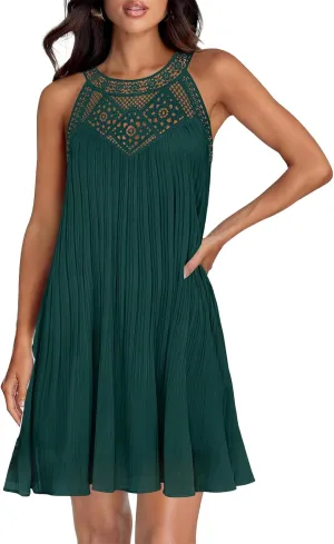 Women Summer Halter Dresses Chiffon Sleeveless Hollow Out A-Line Mini Dress Flowy Ruffle Beach Vacation Sundress