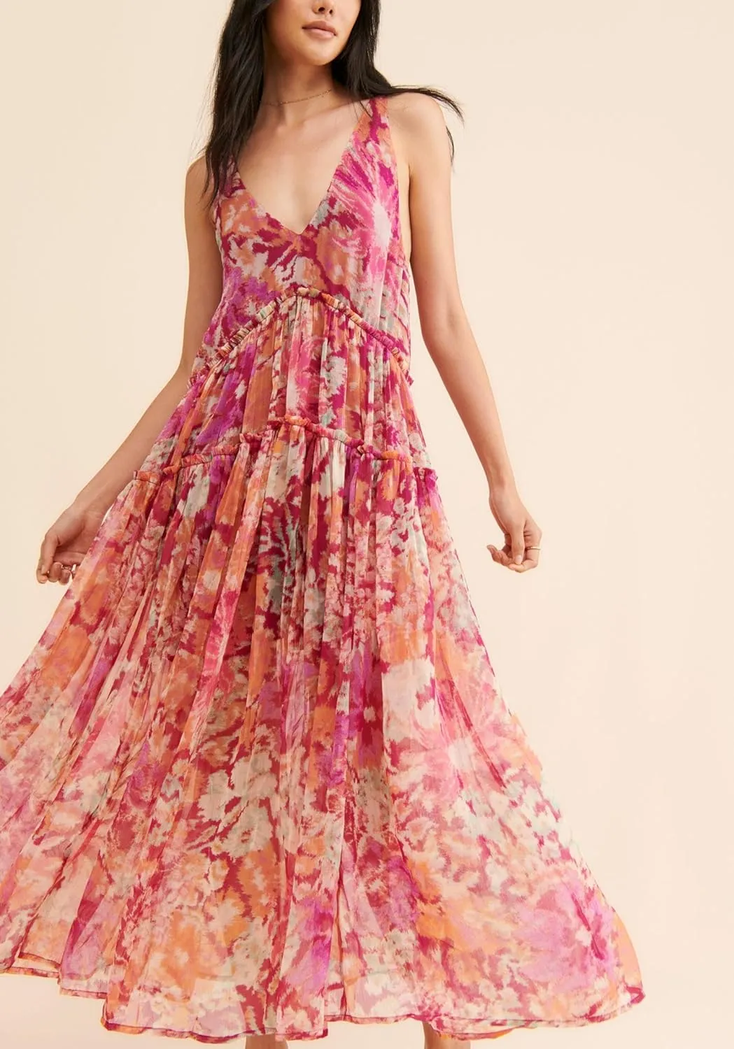 Women Y2k Boho Maxi Dress Floral Spaghetti Strap Long Dress Smocked Flowy Summer Beach Vacation Sundress