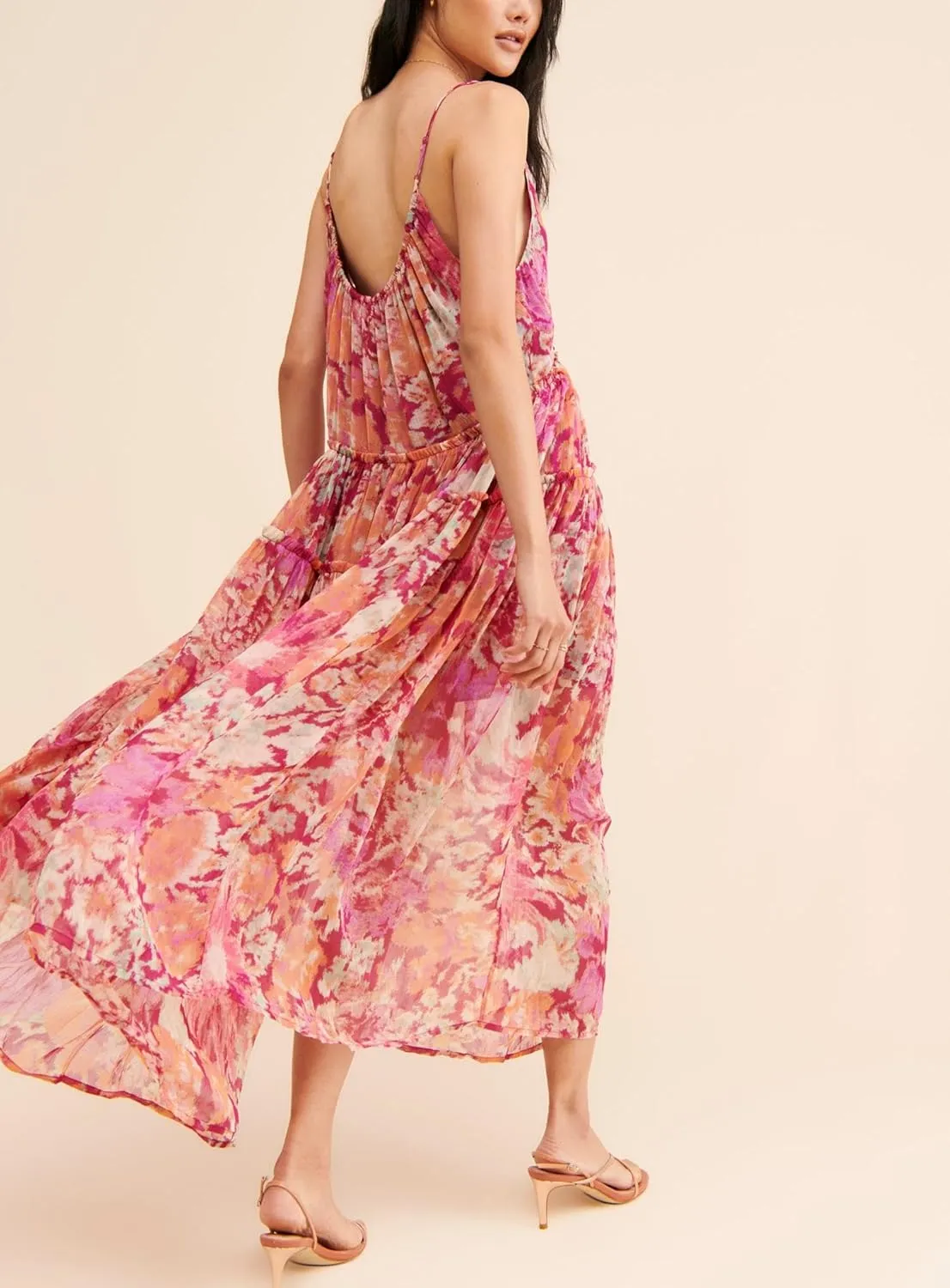 Women Y2k Boho Maxi Dress Floral Spaghetti Strap Long Dress Smocked Flowy Summer Beach Vacation Sundress