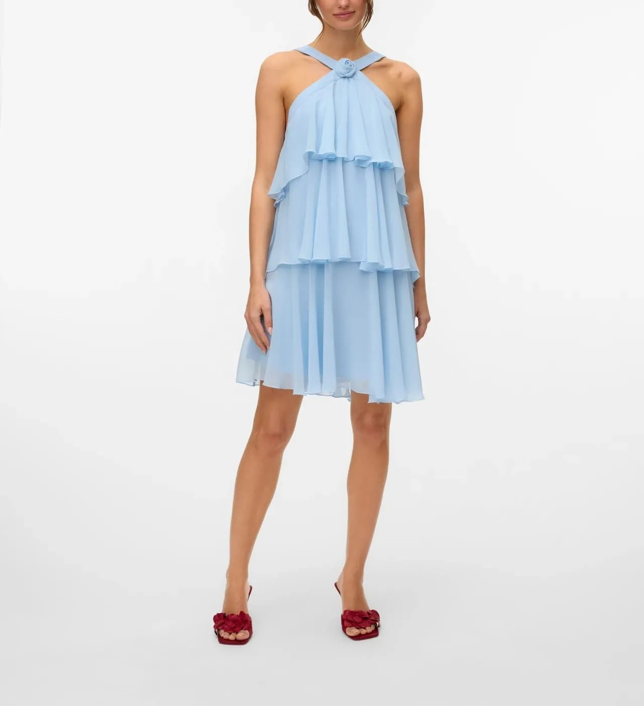Women Y2K Ruffle Tiered Mini Dress Halter Layered Chiffon Short Dress Cute Smocked A Line Midi Dresses Beach