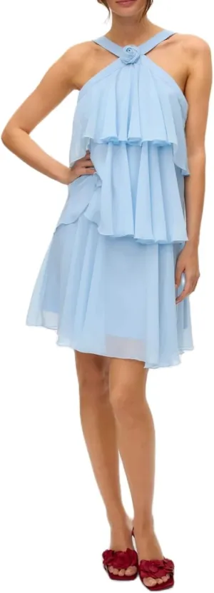 Women Y2K Ruffle Tiered Mini Dress Halter Layered Chiffon Short Dress Cute Smocked A Line Midi Dresses Beach