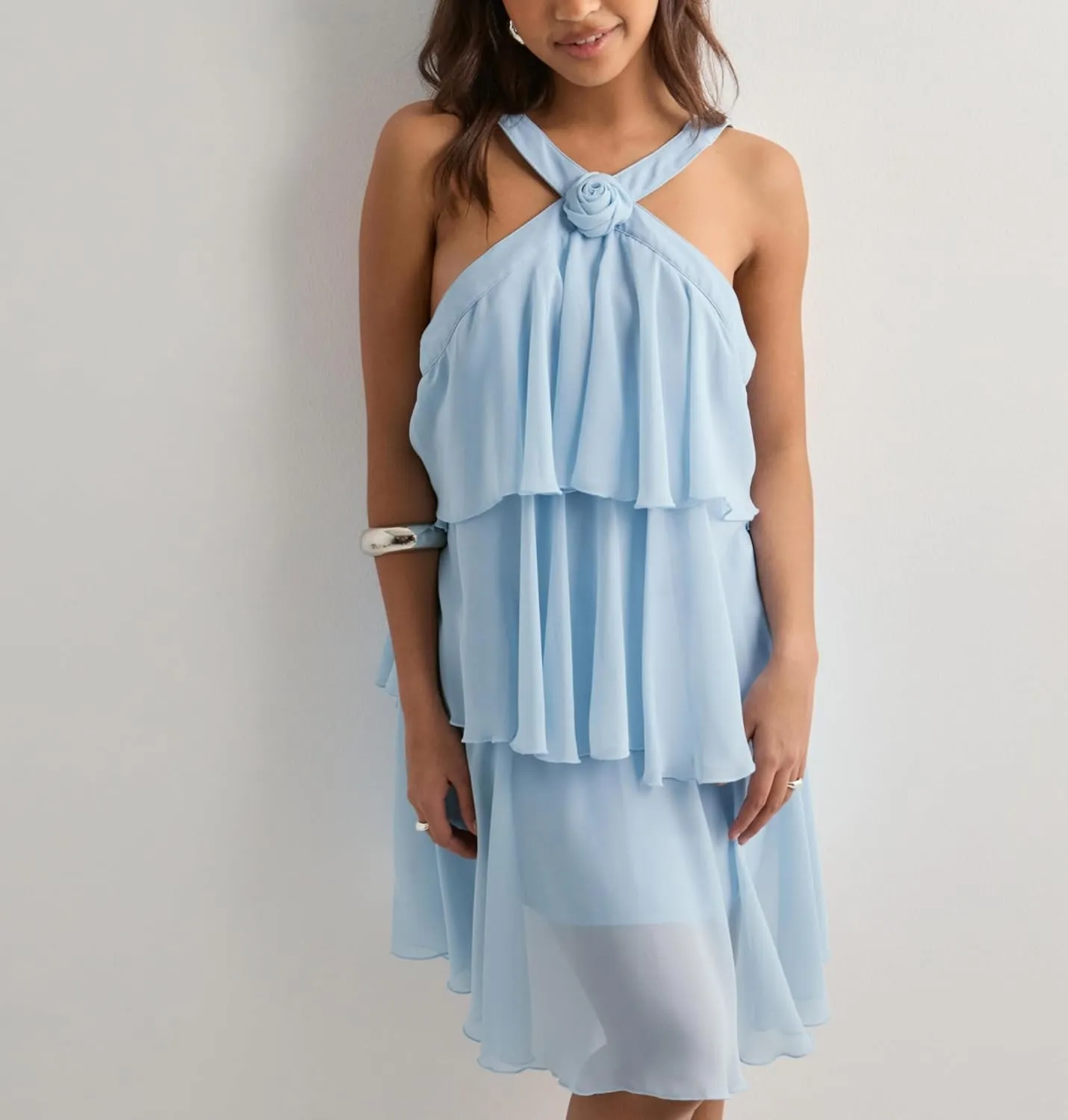 Women Y2K Ruffle Tiered Mini Dress Halter Layered Chiffon Short Dress Cute Smocked A Line Midi Dresses Beach