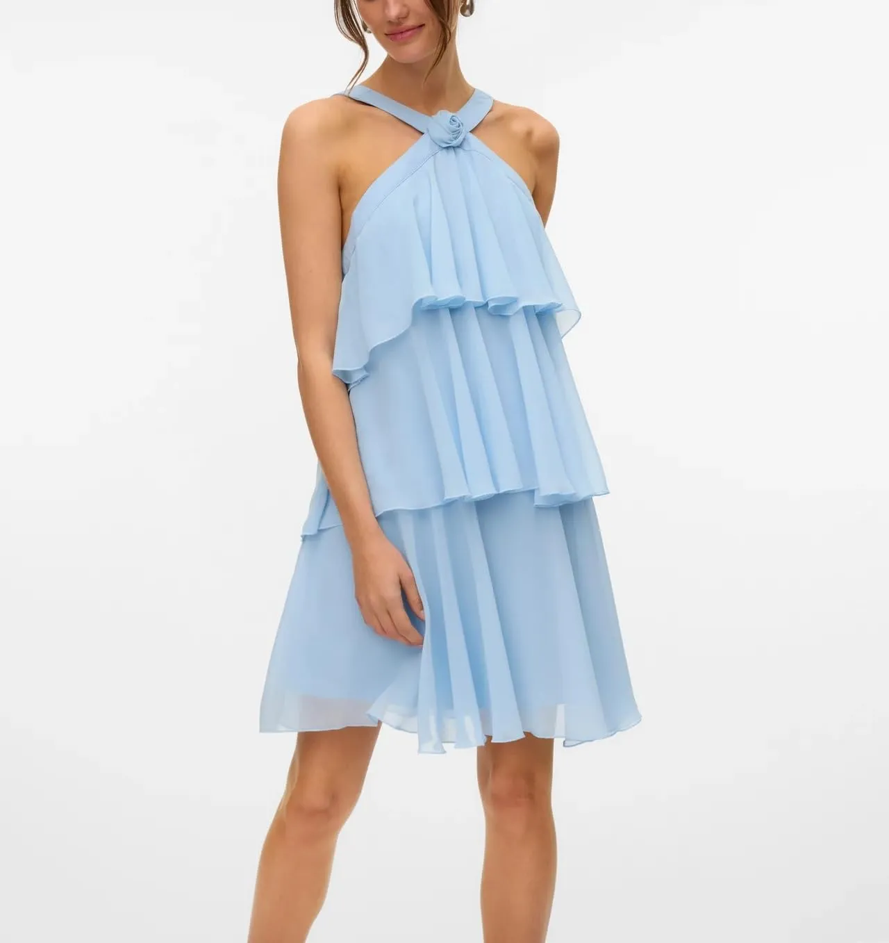 Women Y2K Ruffle Tiered Mini Dress Halter Layered Chiffon Short Dress Cute Smocked A Line Midi Dresses Beach