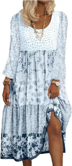 Womens 2023 Fall Long Sleeve Boho Floral Dresses Casual Loose Crewneck Plus Size Flowy Tiered Midi Dress