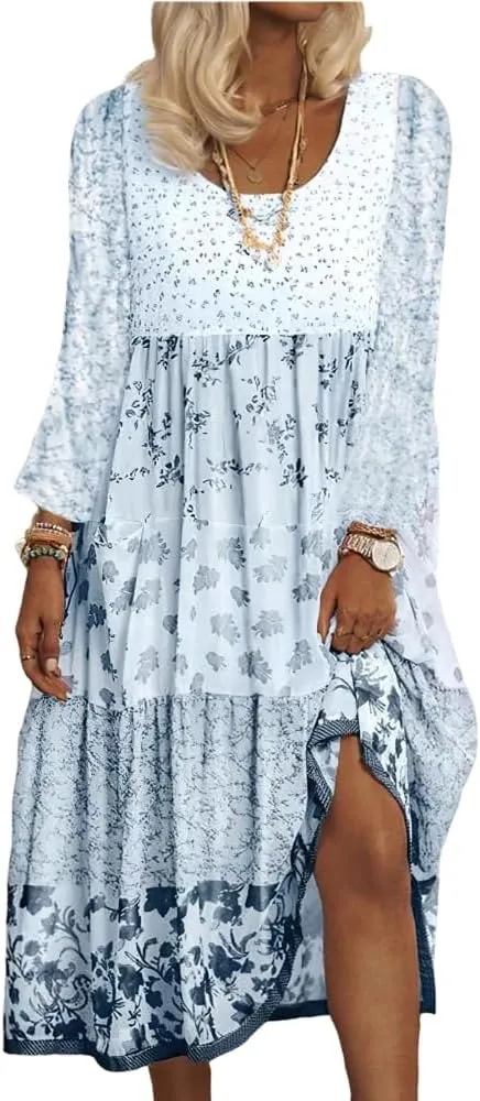 Womens 2023 Fall Long Sleeve Boho Floral Dresses Casual Loose Crewneck Plus Size Flowy Tiered Midi Dress