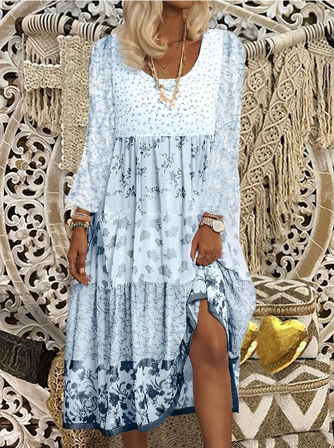 Womens 2023 Fall Long Sleeve Boho Floral Dresses Casual Loose Crewneck Plus Size Flowy Tiered Midi Dress