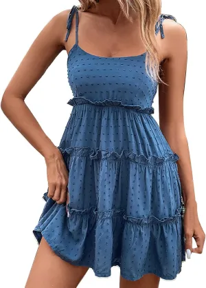Womens 2024 Summer Floral Mini Dress Boho Flowy Skater Dresses Short Sleeveless Ruffle Spaghetti Strap Babydoll Dress