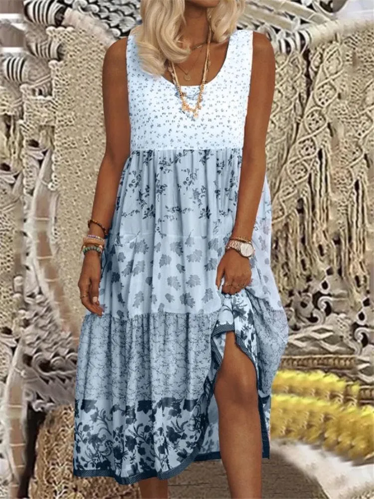 Womens 2024 Summer Sleeveless Boho Floral Tank Dresses Casual Loose Crewneck Plus Size Flowy Tiered Midi Dress