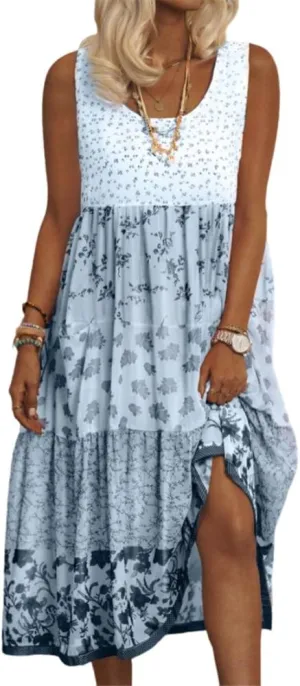 Womens 2024 Summer Sleeveless Boho Floral Tank Dresses Casual Loose Crewneck Plus Size Flowy Tiered Midi Dress