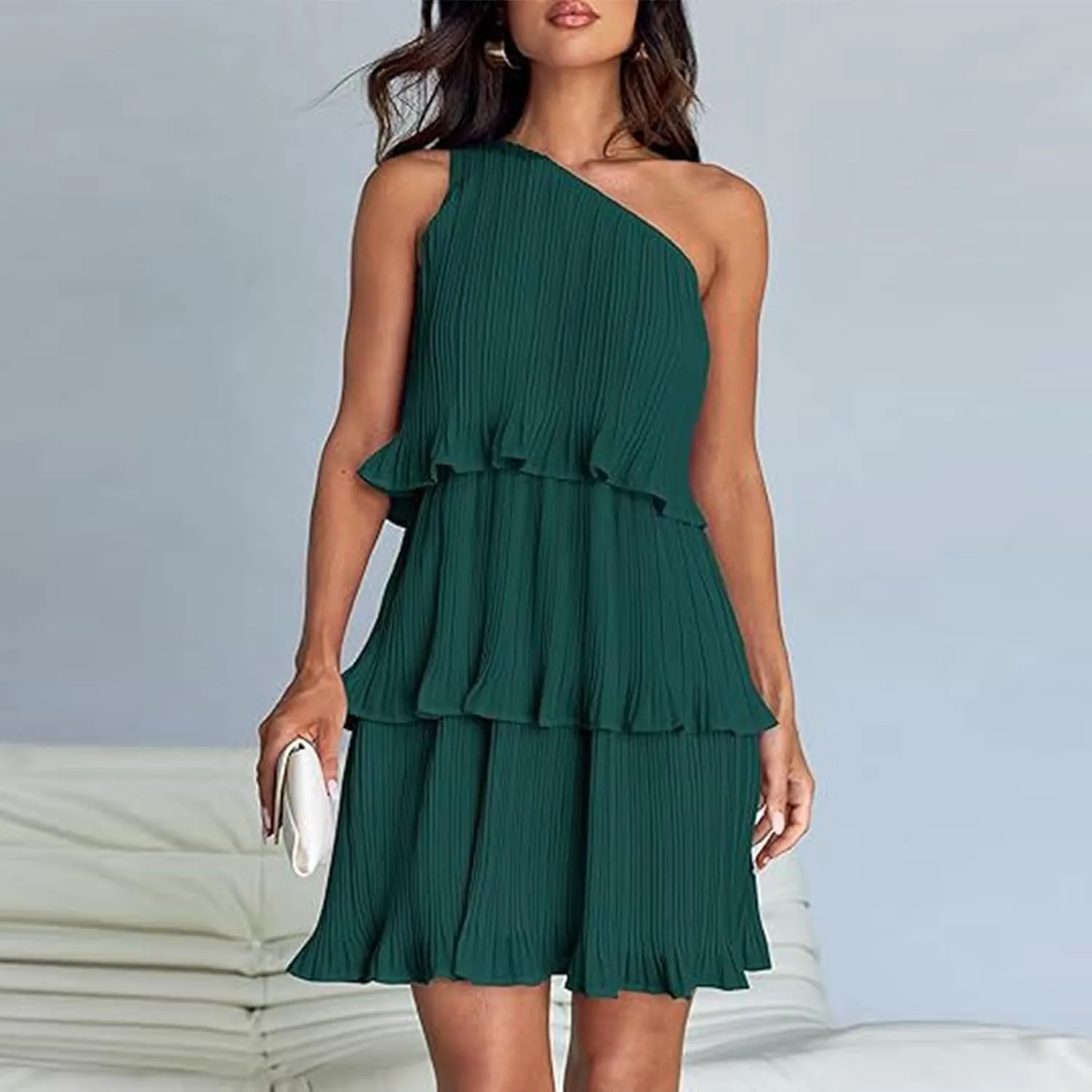 Women's 2024 Summer Sleeveless Mini Dress Boho One Shoulder Ruffle Tiered Layered Chiffon Flowy A Line Dresses