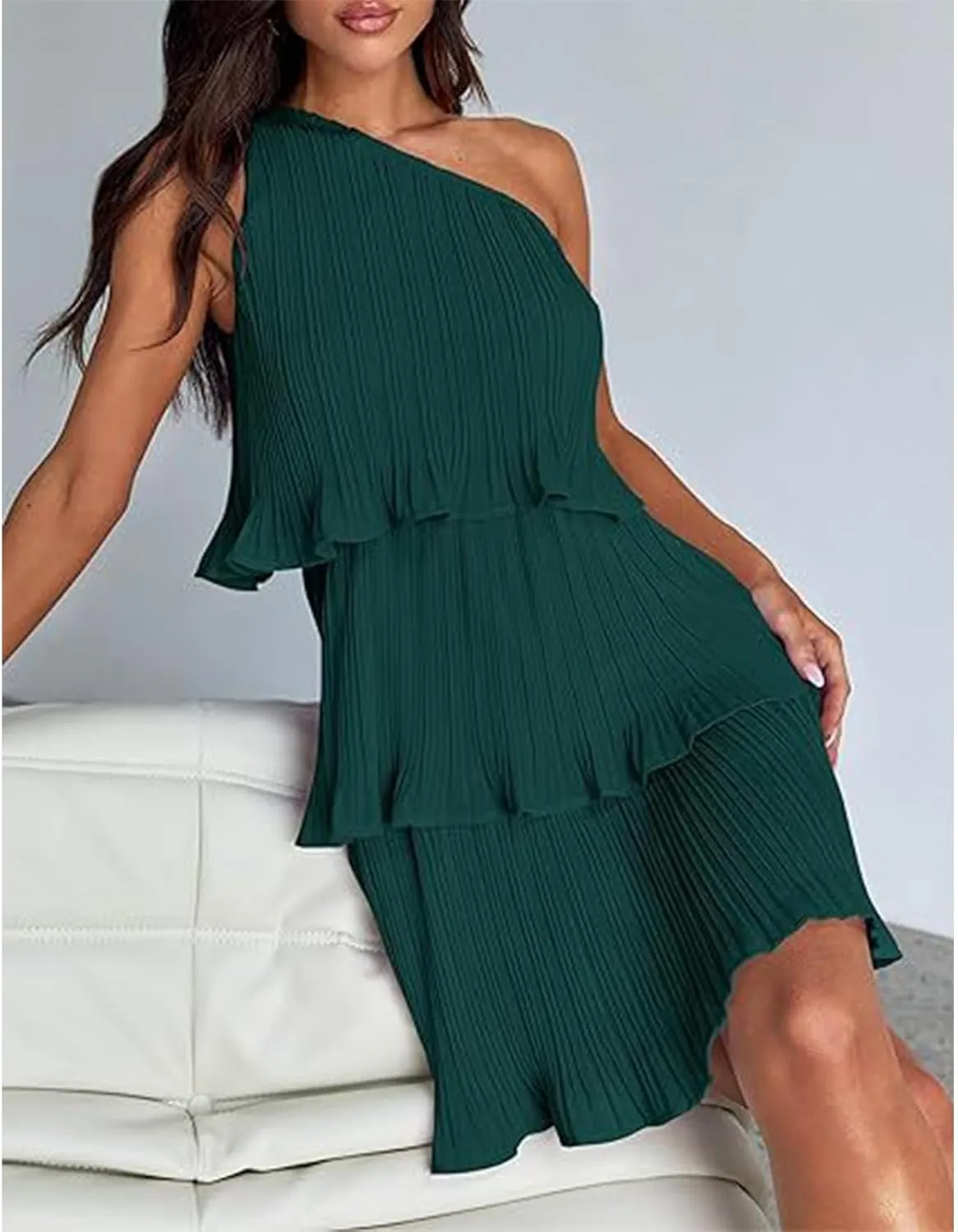 Women's 2024 Summer Sleeveless Mini Dress Boho One Shoulder Ruffle Tiered Layered Chiffon Flowy A Line Dresses