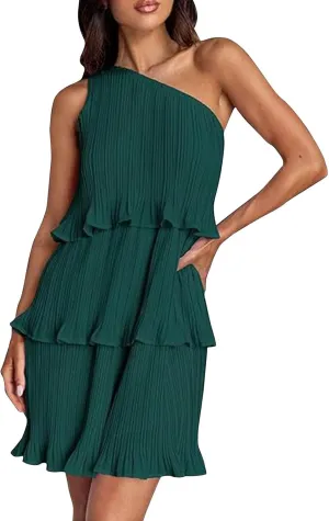 Women's 2024 Summer Sleeveless Mini Dress Boho One Shoulder Ruffle Tiered Layered Chiffon Flowy A Line Dresses