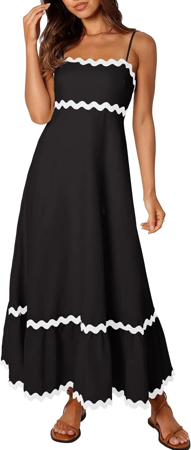 Women's 2024 Summer Spaghetti Straps Sleeveless Backless Sundress Flowy Smocked Lace Swing A Line Midi Dress
