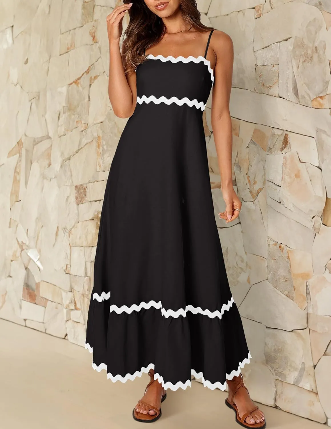 Women's 2024 Summer Spaghetti Straps Sleeveless Backless Sundress Flowy Smocked Lace Swing A Line Midi Dress
