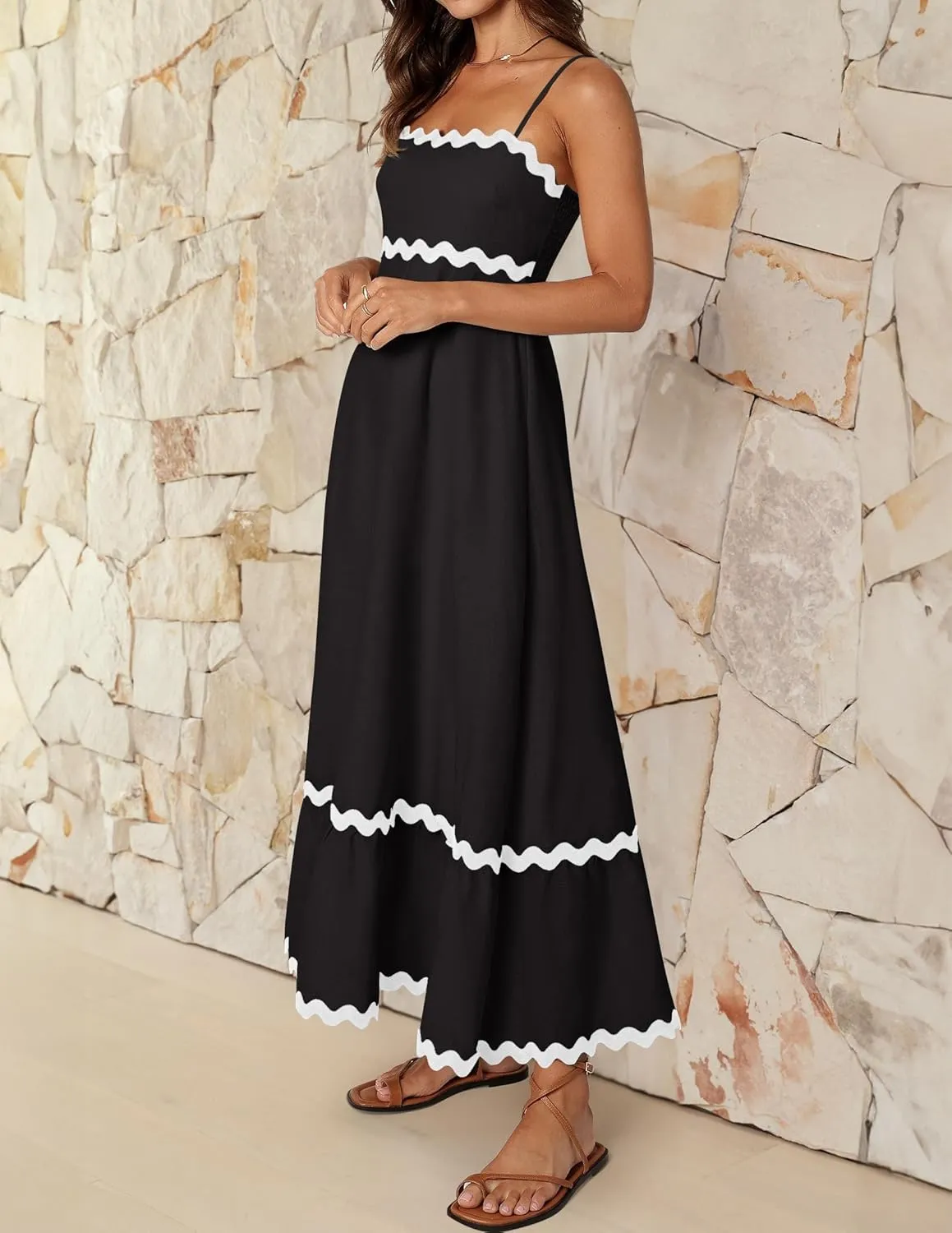 Women's 2024 Summer Spaghetti Straps Sleeveless Backless Sundress Flowy Smocked Lace Swing A Line Midi Dress