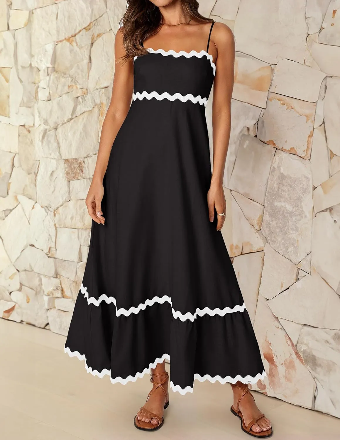 Women's 2024 Summer Spaghetti Straps Sleeveless Backless Sundress Flowy Smocked Lace Swing A Line Midi Dress