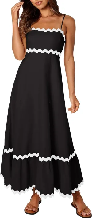 Women's 2024 Summer Spaghetti Straps Sleeveless Backless Sundress Flowy Smocked Lace Swing A Line Midi Dress
