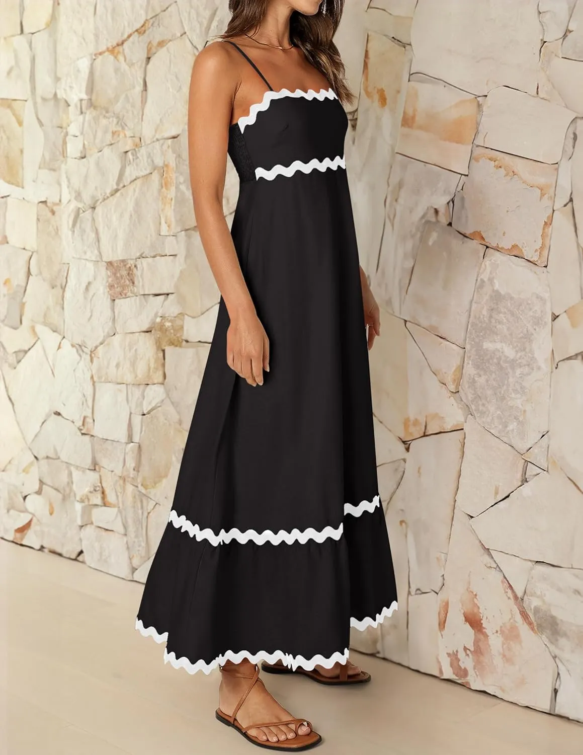 Women's 2024 Summer Spaghetti Straps Sleeveless Backless Sundress Flowy Smocked Lace Swing A Line Midi Dress
