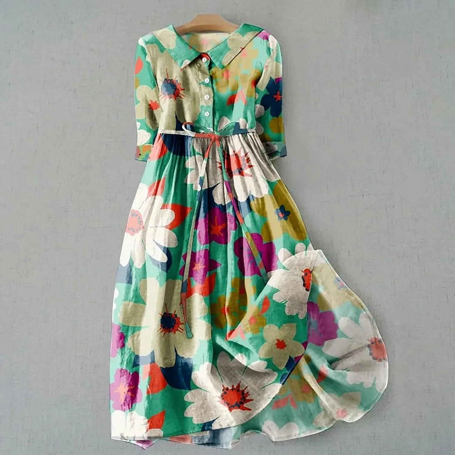 Womens 2025 Summer Boho Colorful Floral 3/4 Sleeve Pleated Midi Dress Flowy Casual Loose Beach Vacation Hawaii Dresses