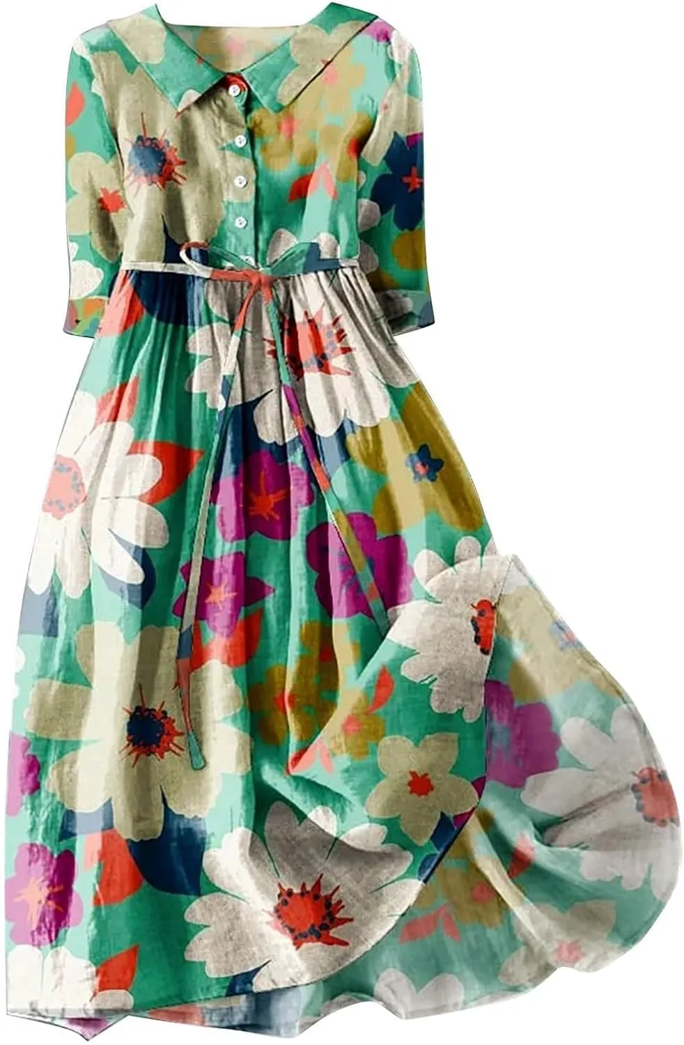 Womens 2025 Summer Boho Colorful Floral 3/4 Sleeve Pleated Midi Dress Flowy Casual Loose Beach Vacation Hawaii Dresses