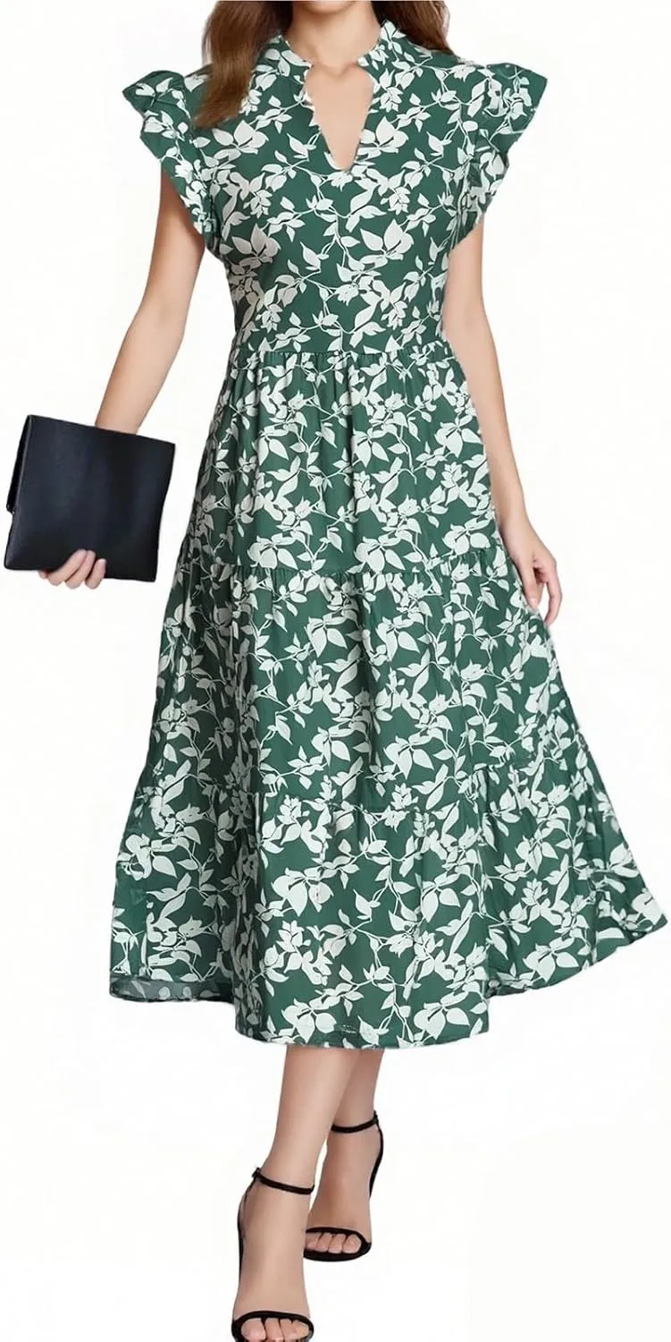 Women's 2025 Summer Floral Midi Dress Cap Sleeve V Neck Ruffle Long Flowy Boho Casual Beach Vacation Dresses