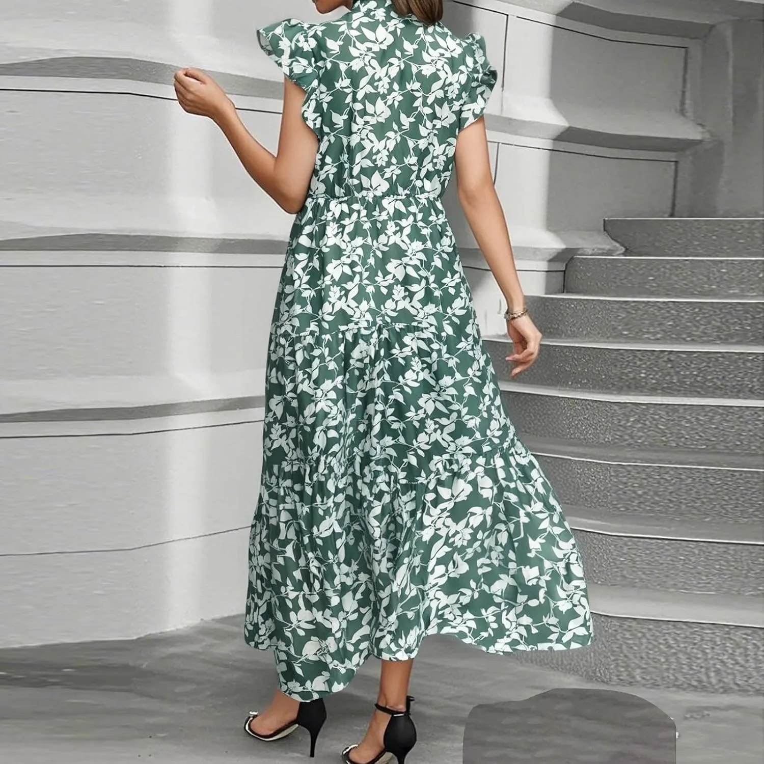 Women's 2025 Summer Floral Midi Dress Cap Sleeve V Neck Ruffle Long Flowy Boho Casual Beach Vacation Dresses