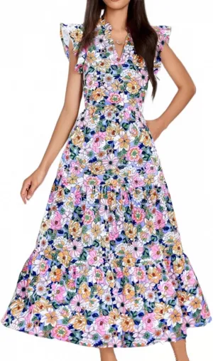 Women's 2025 Summer Floral Midi Dress Cap Sleeve V Neck Ruffle Long Flowy Boho Casual Beach Vacation Dresses