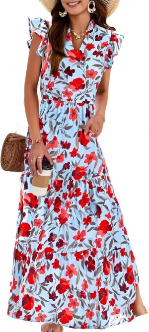 Women's 2025 Summer Floral Midi Dress Cap Sleeve V Neck Ruffle Long Flowy Boho Casual Beach Vacation Dresses