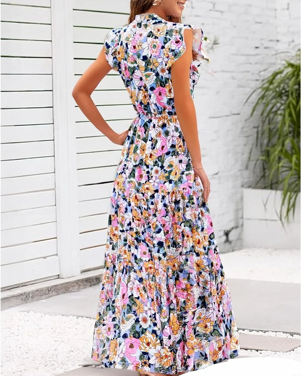Women's 2025 Summer Floral Midi Dress Cap Sleeve V Neck Ruffle Long Flowy Boho Casual Beach Vacation Dresses