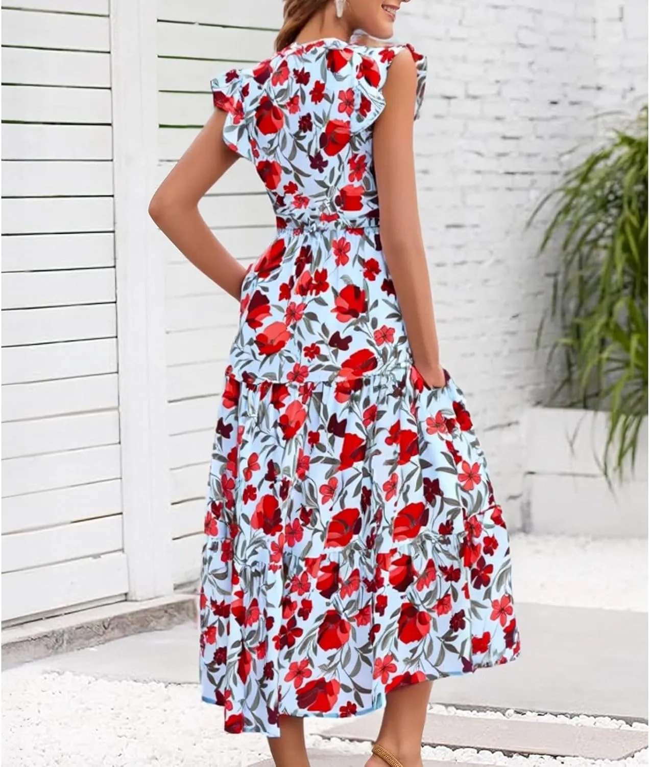 Women's 2025 Summer Floral Midi Dress Cap Sleeve V Neck Ruffle Long Flowy Boho Casual Beach Vacation Dresses