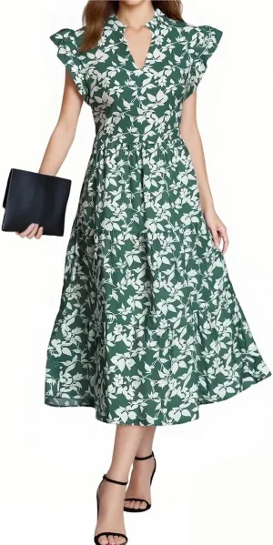 Women's 2025 Summer Floral Midi Dress Cap Sleeve V Neck Ruffle Long Flowy Boho Casual Beach Vacation Dresses