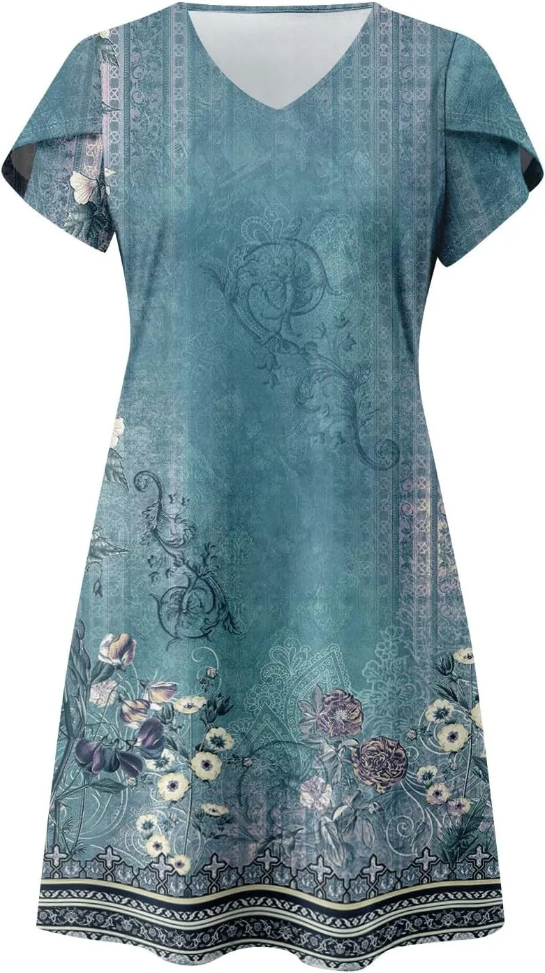 Women's Bohemian Floral Print Summer Dress with Pockets Short Sleeve V-Neck Casual Loose Fit Sundress