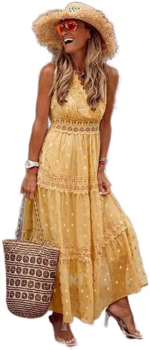 Women's Boho Floral Lace Maxi Sundresses Flowy Swing Sleeveless V Neck Bridesmaid Cocktail Party Beach Wedding Guest Dress