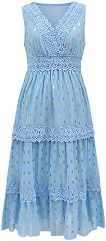 Women's Boho Floral Lace Maxi Sundresses Flowy Swing Sleeveless V Neck Bridesmaid Cocktail Party Beach Wedding Guest Dress