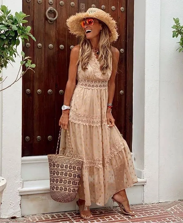 Women's Boho Floral Lace Maxi Sundresses Flowy Swing Sleeveless V Neck Bridesmaid Cocktail Party Beach Wedding Guest Dress