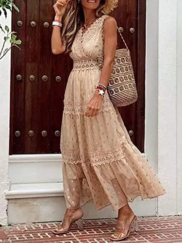 Women's Boho Floral Lace Maxi Sundresses Flowy Swing Sleeveless V Neck Bridesmaid Cocktail Party Beach Wedding Guest Dress