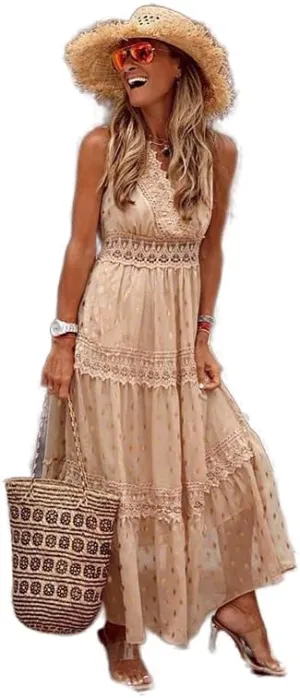 Women's Boho Floral Lace Maxi Sundresses Flowy Swing Sleeveless V Neck Bridesmaid Cocktail Party Beach Wedding Guest Dress
