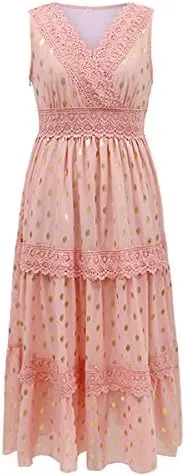 Women's Boho Floral Lace Maxi Sundresses Flowy Swing Sleeveless V Neck Bridesmaid Cocktail Party Beach Wedding Guest Dress