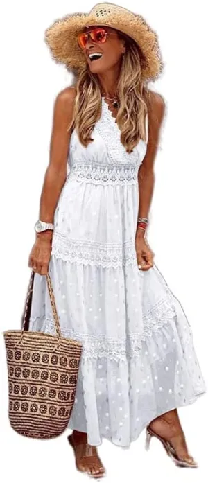 Women's Boho Floral Lace Maxi Sundresses Flowy Swing Sleeveless V Neck Bridesmaid Cocktail Party Beach Wedding Guest Dress