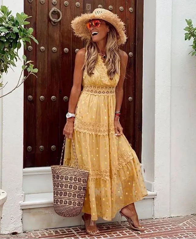 Women's Boho Floral Lace Maxi Sundresses Flowy Swing Sleeveless V Neck Bridesmaid Cocktail Party Beach Wedding Guest Dress