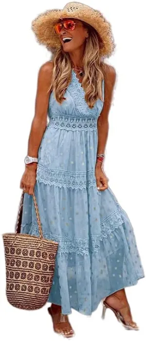 Women's Boho Floral Lace Maxi Sundresses Flowy Swing Sleeveless V Neck Bridesmaid Cocktail Party Beach Wedding Guest Dress