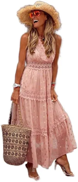 Women's Boho Floral Lace Maxi Sundresses Flowy Swing Sleeveless V Neck Bridesmaid Cocktail Party Beach Wedding Guest Dress