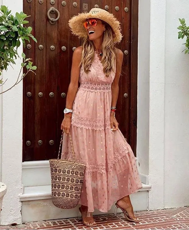 Women's Boho Floral Lace Maxi Sundresses Flowy Swing Sleeveless V Neck Bridesmaid Cocktail Party Beach Wedding Guest Dress