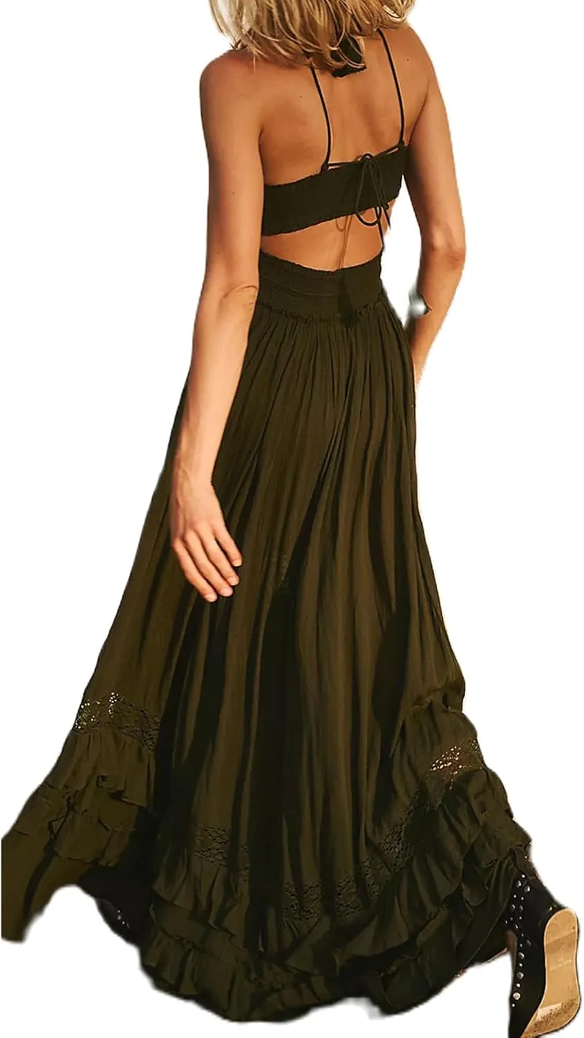 Women's Boho Tie Shoulder Long Dresses Sleeveless Ruffle Layered Maxi Dress Backless Summer Smocked Tiered Sundress