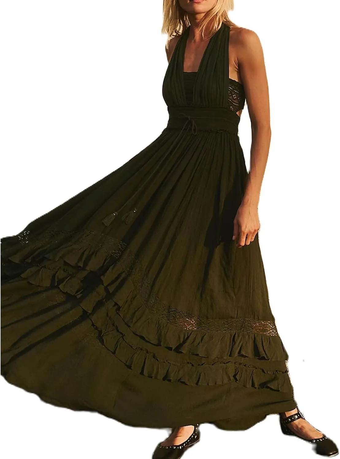 Women's Boho Tie Shoulder Long Dresses Sleeveless Ruffle Layered Maxi Dress Backless Summer Smocked Tiered Sundress