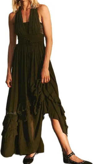Women's Boho Tie Shoulder Long Dresses Sleeveless Ruffle Layered Maxi Dress Backless Summer Smocked Tiered Sundress