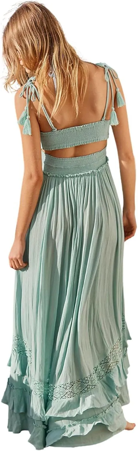 Women's Boho Tie Shoulder Long Dresses Sleeveless Ruffle Layered Maxi Dress Backless Summer Smocked Tiered Sundress