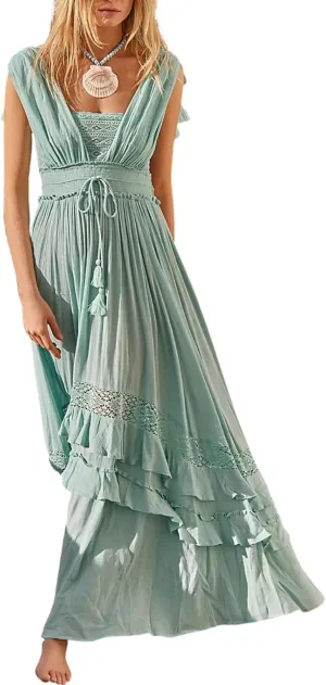 Women's Boho Tie Shoulder Long Dresses Sleeveless Ruffle Layered Maxi Dress Backless Summer Smocked Tiered Sundress
