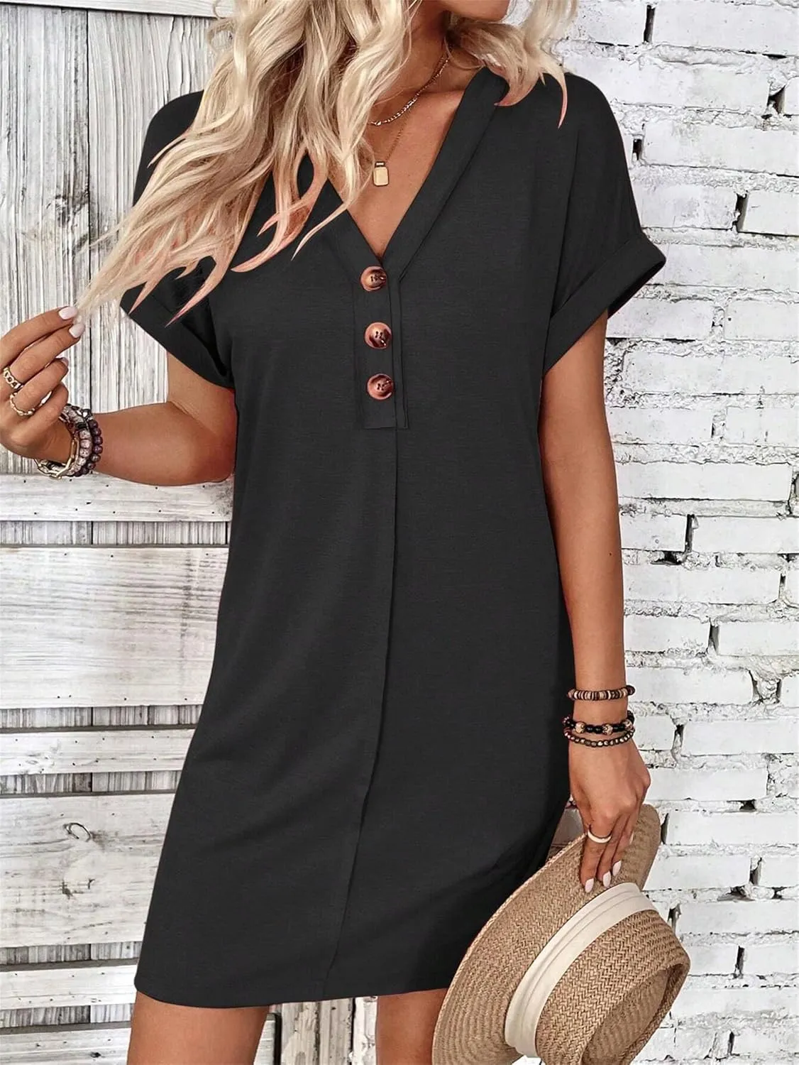 Womens Button Front V Neck Midi Dresses Casual Swing Shirt Sundress Short Sleeve Beach Summer Dress
