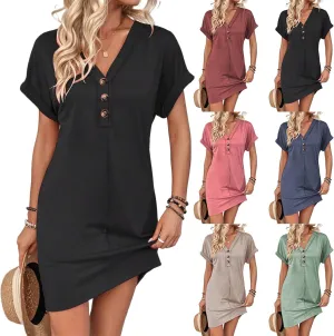 Womens Button Front V Neck Midi Dresses Casual Swing Shirt Sundress Short Sleeve Beach Summer Dress